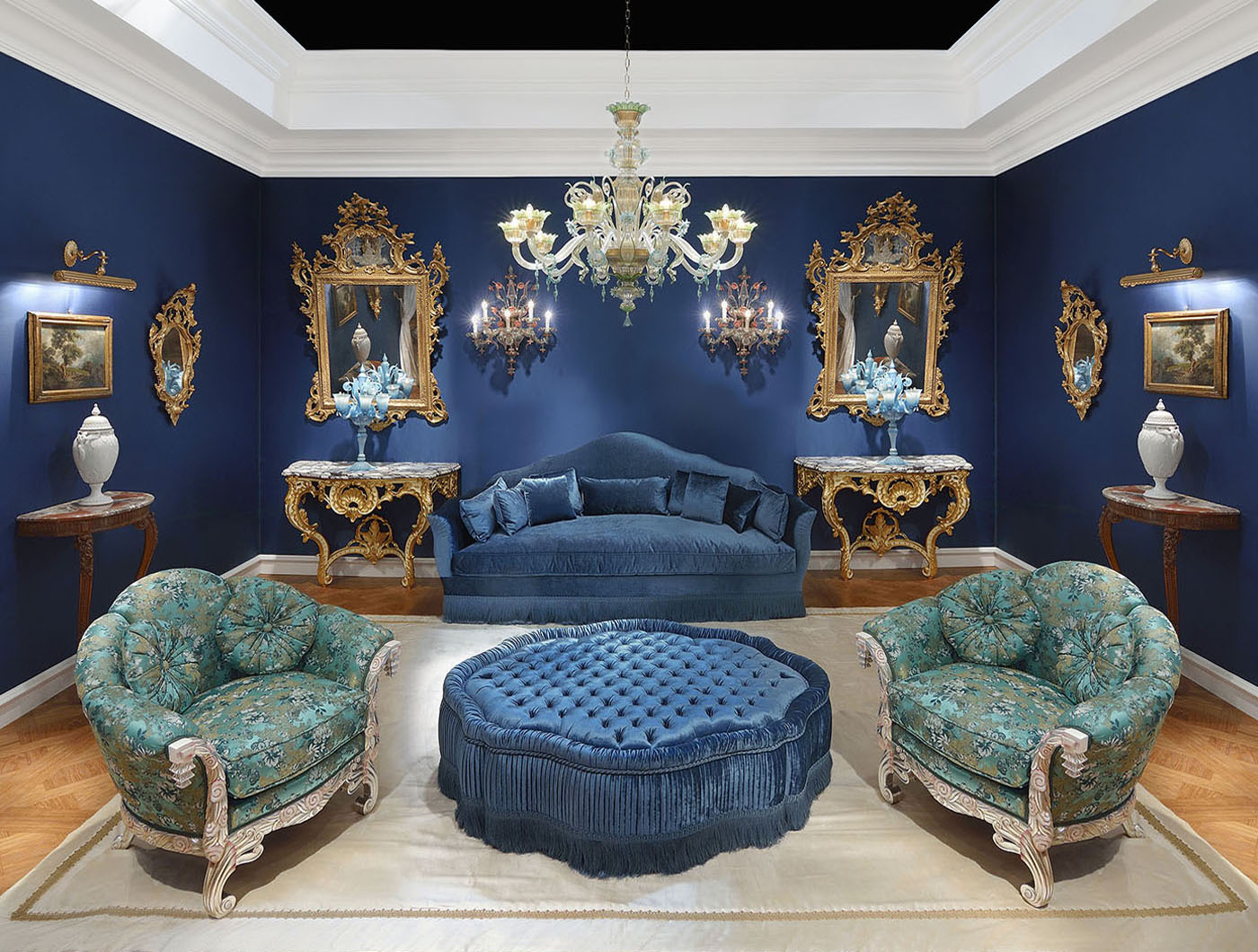 classical full fabric sofa, classical capitonne' pouffe, venetian consolle & mirror, Loius XVI demilune consolle, art deco' bergere | P.& G. Cugini Lanzani