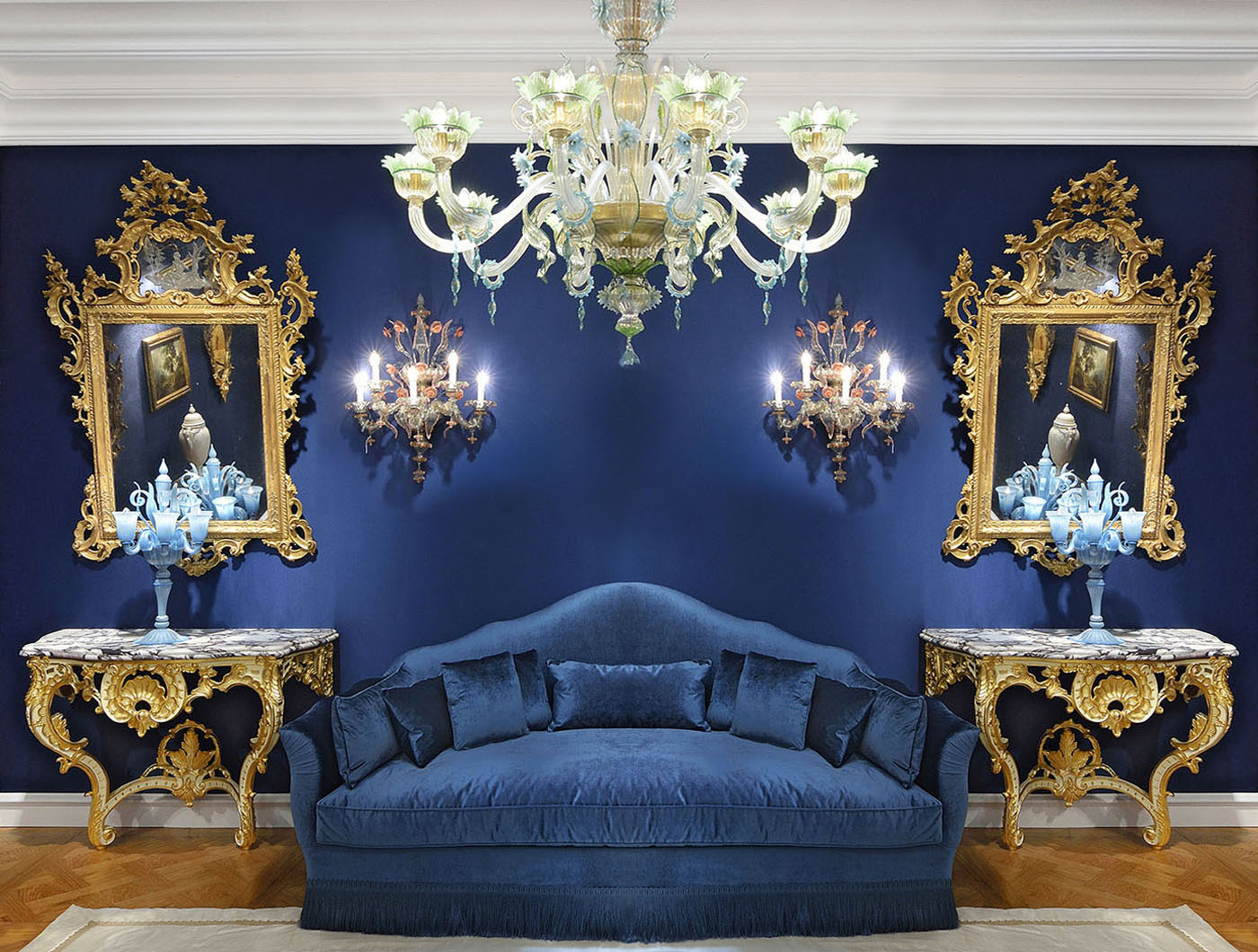 classical full fabric sofa, venetian consolle & mirror, venetian chandeliere, Murano applique, Murano flambeau | P.& G. Cugini Lanzani